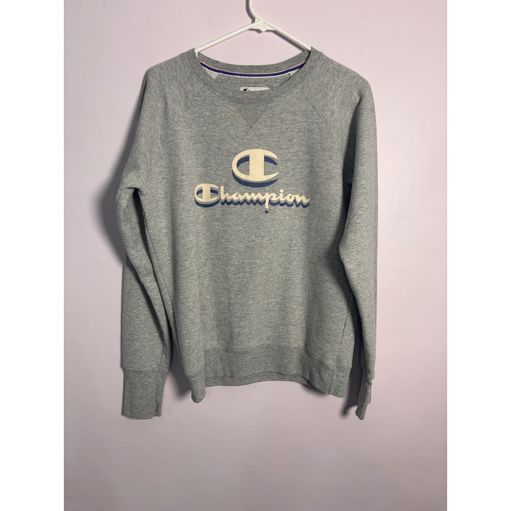 Champion Mens Sweatshirt Size M Gray Logo Raglan Sleeve Fleece Athletic Casual